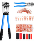 Beefy Heavy Duty Battery Cable Lug Crimping Tool With Cutter Rotatable Jaw Six Crimp Sizes 10 8 6 4 2 1 AWG, accessories displayed