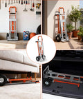 Heavy Duty Aluminum Three In One Convertible Hand Truck With Smooth Rolling Caster Wheels, Zero Hassle Assembly Folding Moving Dolly Cart in garage.
