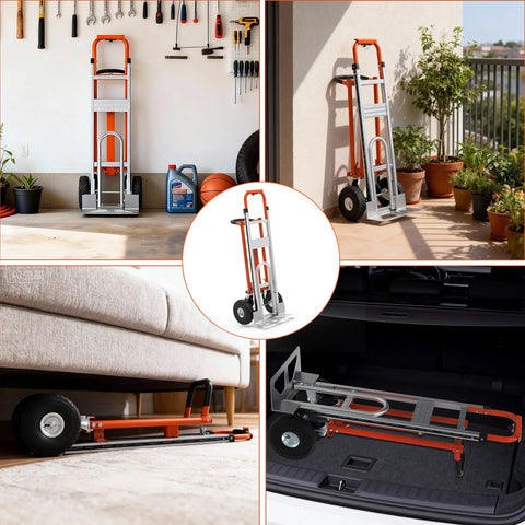 Heavy Duty Aluminum Three In One Convertible Hand Truck With Smooth Rolling Caster Wheels, Zero Hassle Assembly Folding Moving Dolly Cart in garage.