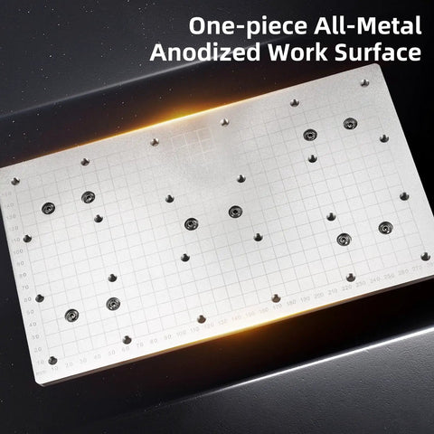 Ultra CNC Router Machine With 500W Spindle, all-metal anodized work surface, close-up of one-piece design and marked grid pattern