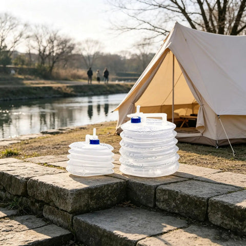 10L Collapsible Water Container With Spigot For Camping And Hiking set in outdoor camping scene by a tent and river.