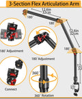 Diagram of Overhead Camera Mount Desk Stand With 3 Section Detachable Arm and 360 Degree Ball Head showing measurements and rotation angles.