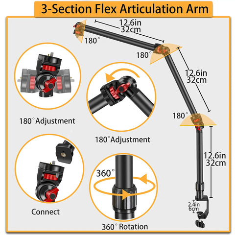Diagram of Overhead Camera Mount Desk Stand With 3 Section Detachable Arm and 360 Degree Ball Head showing measurements and rotation angles.