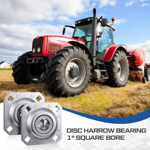 Two Pack 1 Inch Square Bore Disc Harrow Bearings With Four And A Half Inch Bolt Holes Heavy Duty Flange Bearing Units next to tractor
