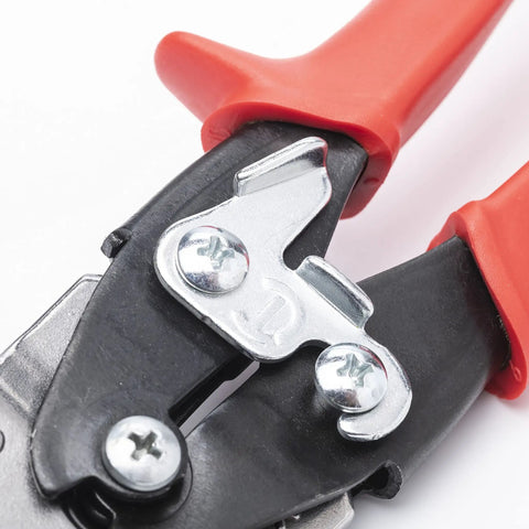 Nine And Three Quarters Inch MetalMaster Compound Action Aviation Snips Straight And Left Cut With Red Handles Precision Molybdenum Blades CNC Ground Edges And Serrations For Clean Cuts In Low Carbon Cold Rolled Steel Up To Eighteen Gauge