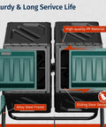 Front view of Dual Chamber Outdoor Compost Tumbler Two By Eighteen And A Half Gallon Rotating Bin with aeration and locking system.
