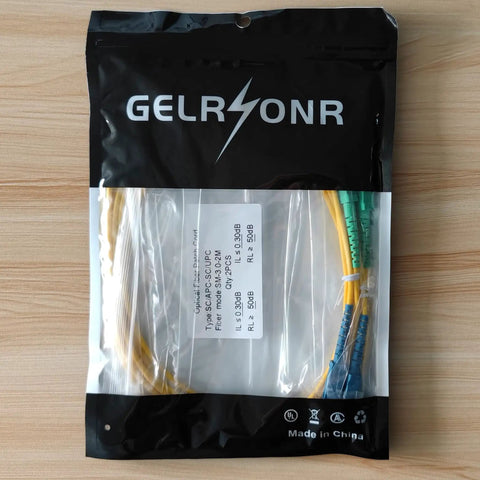 High Octane SC To Singlemode Simplex Fiber Optic Patch Cable 2 Meter 2 Pack in packaging, yellow and green cables visible.
