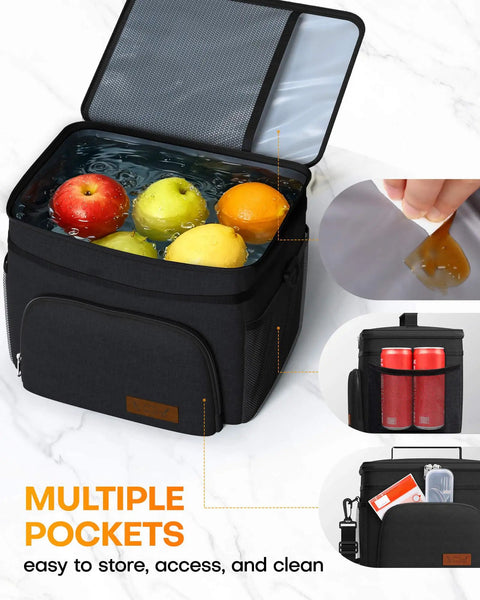 Premium 9 Liter Soft Sided Cooler Bag With Leak Proof Design Keeps Your Grub Fresh All Day showing fresh fruits in water.