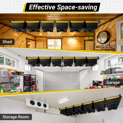 Overhead Garage Ceiling Storage Rack System For 6 Bins Heavy Duty Powder Coated Tote Shelving Set installed in garage, shed, storeroom