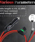 12AWG Heavy Duty Cigarette Lighter Plug With 6 5 Foot 12V Extension Cord, featuring rugged copper terminal connections.