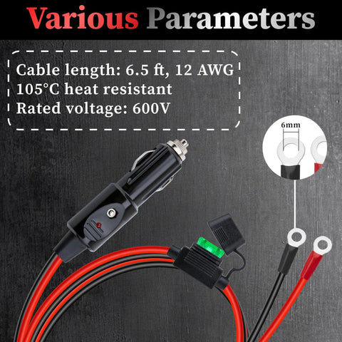 12AWG Heavy Duty Cigarette Lighter Plug With 6 5 Foot 12V Extension Cord, featuring rugged copper terminal connections.