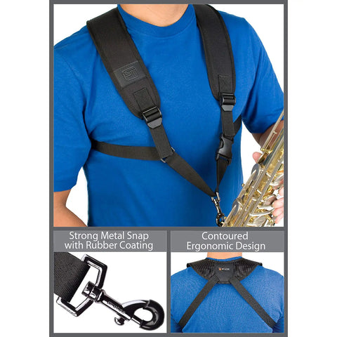 Deluxe Saxophone Harness With Metal Trigger Snap For Easy Quick Release Large A306M Black Comfy Shoulder Support That Distributes Weight For Neck Relief And Smooth Front Webbing Slide, black sax harness on player