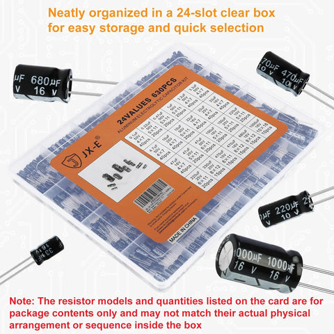 Massive 630 Piece Aluminum Electrolytic Capacitor Kit With 18 Capacitance Values, clear box, radial design