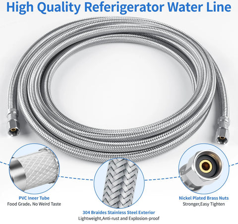 12ft braided stainless steel ice maker water line with 1/4-inch compression fittings for universal fridge connection
