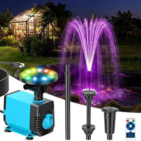 Pond Fountain Pump Kit with RGB Lights and Remote Control, Submersible 660GPH Water Pump for Garden Ponds, Three Nozzles Included