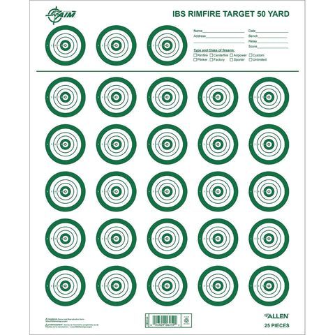EZ Aim IBS Rimfire Paper Shooting Targets 14x17 Inch, 25 Targets Per Sheet, displayed with green bullseyes on white paper