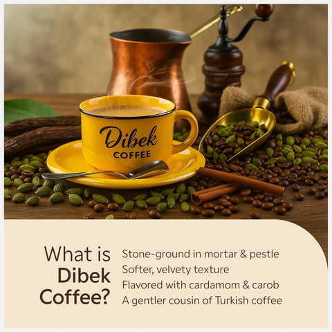 Minnettar Dibek Coffee With Carob And Pistachio Stone Ground Turkish Blend in yellow cup with cezve and raw beans