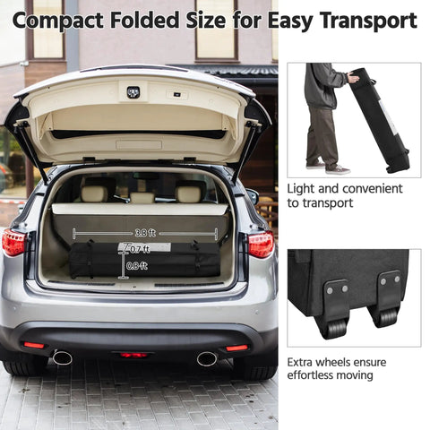 Compact 10x10 Pop Up Canopy Tent With Vent for Quick Setup in car trunk, showing wheeled bag detail for parties and outdoor use.