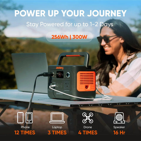 Woman using Solar Generator 240 V2 With 256Wh LiFePO4 Battery And 300W AC 100W USB C Output on outdoor table