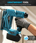 Makita 18V Compatible Cordless Brad Nailer And Stapler 2 In 1 For 18ga Fasteners Bare Tool held with one hand against wall.