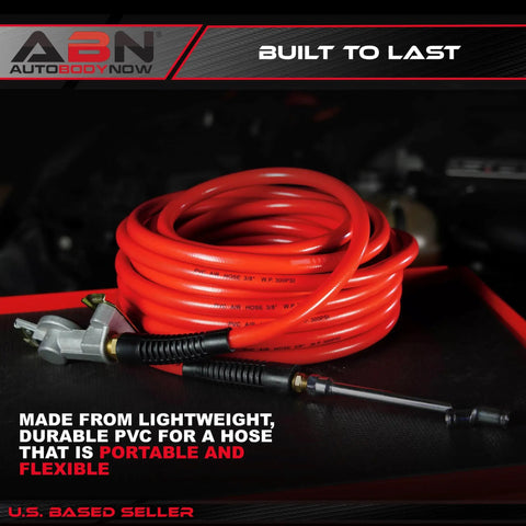 50 Foot 3 By 8 Inch Air Compressor Hose 300 PSI Heavy Duty Lightweight PVC Flex coiled, with air chuck visible