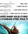 Spearfishing Pole Spear With Single Flopper Tip For Lionfish And General Hunts Replacement Tips For Fiberglass Or Aluminum Harpoons Pro Grade Paralyzer Head For Precise Strikes, featuring various stainless steel pole tips and a diver in action underwater.