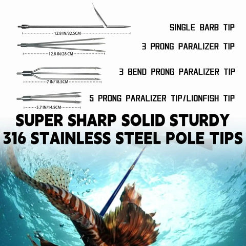 Spearfishing Pole Spear With Single Flopper Tip For Lionfish And General Hunts Replacement Tips For Fiberglass Or Aluminum Harpoons Pro Grade Paralyzer Head For Precise Strikes, featuring various stainless steel pole tips and a diver in action underwater.