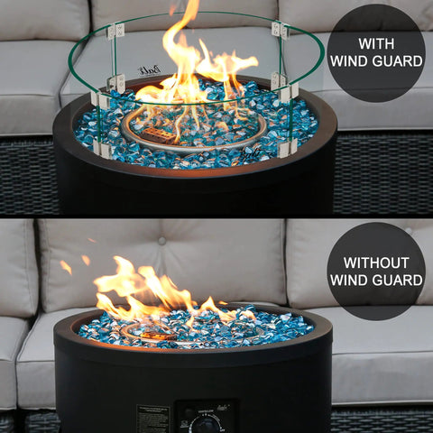 Round Gas Fire Pit Glass Wind Guard For 23 Inch Round Pits, clear tempered glass flame shield showcased with and without shield.