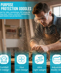 Man wearing ventilated anti fog safety goggles eye protection with scratch resistant coating and durable PVC frame for heavy duty work sites and all day comfort for extended wear comfort and clear visibility in demanding environments while sawing wood indoors.