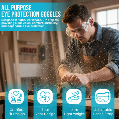 Man wearing ventilated anti fog safety goggles eye protection with scratch resistant coating and durable PVC frame for heavy duty work sites and all day comfort for extended wear comfort and clear visibility in demanding environments while sawing wood indoors.