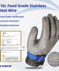Stainless Steel Mesh Cut Resistant Glove ANSI A9 for Boss Level Kitchen Tasks with food-grade certification details visible