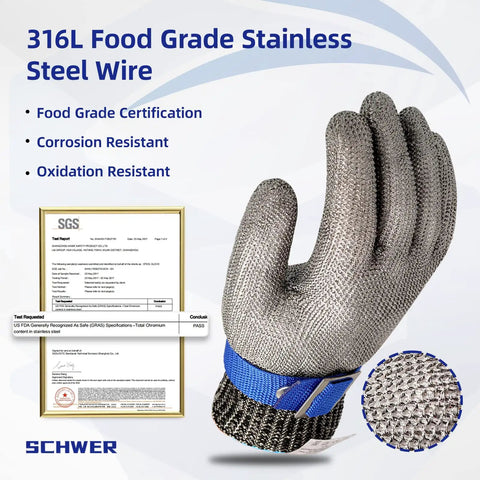 Stainless Steel Mesh Cut Resistant Glove ANSI A9 for Boss Level Kitchen Tasks with food-grade certification details visible