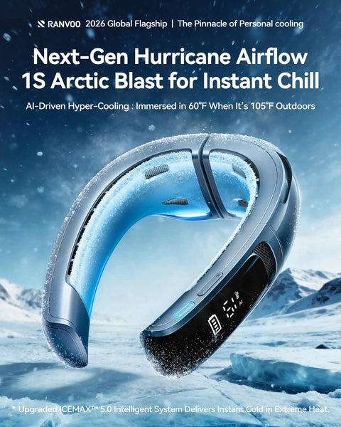 AI Neck Air Conditioner With True Micro AC System AICE LITE MAX 2026 Portable Neck Cooler in icy outdoor setting