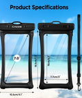 Floatable Waterproof Phone Pouch 2 Pack For Up To 7.0 Inch Devices IPX8 Seal With Easy Snap Lock, black with dimensions shown.