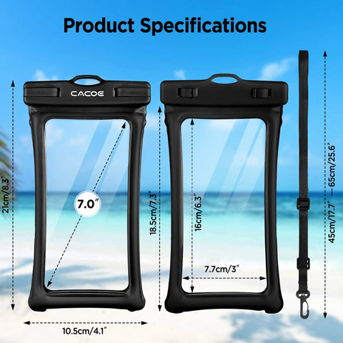 Floatable Waterproof Phone Pouch 2 Pack For Up To 7.0 Inch Devices IPX8 Seal With Easy Snap Lock, black with dimensions shown.