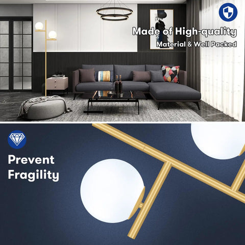 2 Globe Modern Floor Lamp With Foot Pedal Frosted Glass Shades Brass Gold Finish Tall Standing Pole Light For Living Room Bedroom And Office Contemporary LED Antique Brass Accent in a stylish living room setting and detail of brass finish.