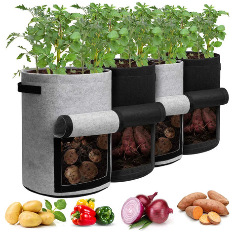 Potato Grow Bags With Flap 10 Gallon 4 Pack Planter Pots With Handles And Harvest Window For Potatoes Tomatoes And Vegetables