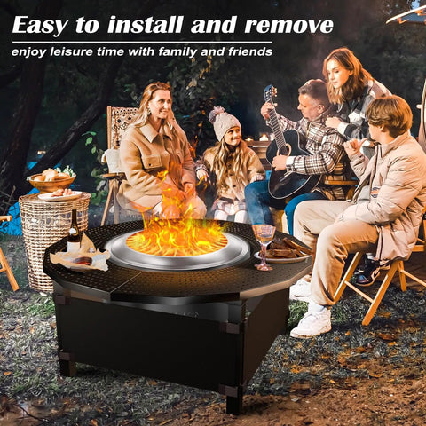 Beefy 40 Inch Fire Pit Surround Tabletop For Solo Stove Bonfire And Ranger, powder-coated steel, with family gathered