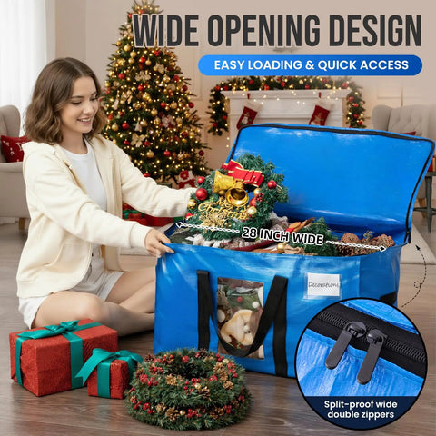 Woman using Extra Large Moving Bags 4 Pack Heavy Duty Storage Totes With See Through Window And Wraparound Handles in holiday decor setting.