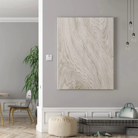 Beige Budget-Friendly Manual Thermostat for Home Heating on gray wall in modern living room, near wooden decor and furniture.