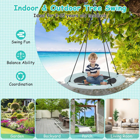 Child on 40 Inch Saucer Tree Swing For Kids With Carabiners, Adjustable Hanging Ropes From 55 To 71 Inches, Weatherproof 600D Oxford Cloth Seat