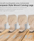 Premium Four Inch Solid Wood Furniture Legs European Carved Style Set Of Four Heavy Duty Replacement Table Base Legs With Rock Solid Build And Slick Smooth Sanded Finish For Upgrading Couches Beds And Dressers. Close-up of carved wooden legs on a wooden surface.