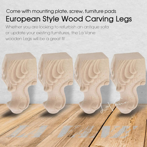 Premium Four Inch Solid Wood Furniture Legs European Carved Style Set Of Four Heavy Duty Replacement Table Base Legs With Rock Solid Build And Slick Smooth Sanded Finish For Upgrading Couches Beds And Dressers. Close-up of carved wooden legs on a wooden surface.