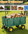 4-In-1 Steel Utility Cart With 880 Lb Capacity, open mesh wagon with 15.5 inch sides, loaded with firewood and all-terrain tires.
