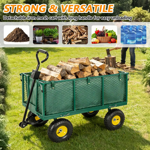 4-In-1 Steel Utility Cart With 880 Lb Capacity, open mesh wagon with 15.5 inch sides, loaded with firewood and all-terrain tires.