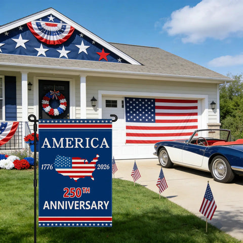 Double Sided 12x18 Inch USA Garden Flag Celebrating 250 Years Of Freedom Patriotic 1776 To 2026 Commemorative Banner displayed