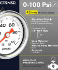 Front view of SCTSNSR 0-100 psi gauge, 1.5-in dial, glycerin-filled, stainless steel case, back-mount 1/8-in NPT
