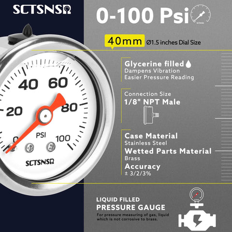 Front view of SCTSNSR 0-100 psi gauge, 1.5-in dial, glycerin-filled, stainless steel case, back-mount 1/8-in NPT
