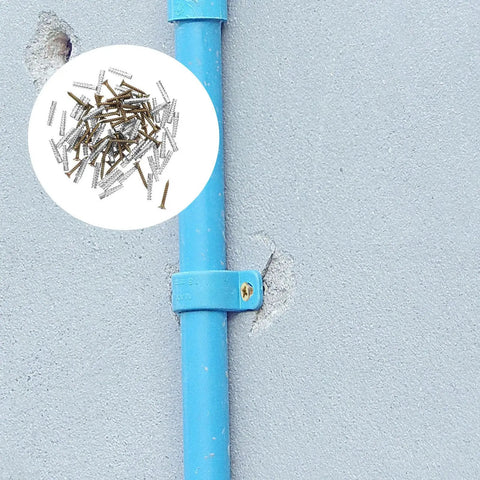 40-Set Drywall Anchors And Screws Kit For Wood And Concrete Walls Self-Drilling Steel Anchors affixed to blue pipe in concrete