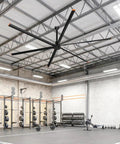 Straight Up Heavy Duty 14 Foot Commercial HVLS Industrial Ceiling Fan With Six Sturdy Aluminum Blades Packing Serious Airflow To Keep Warehouses Shops And Barns Chillin Season Long mounted in a gym.